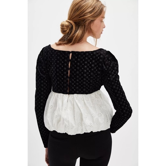NWT!! FOR LOVE AND LEMONS Elisa Long Sleeve Top Black Velvet Taffeta Eyelet XS - Picture 8 of 16
